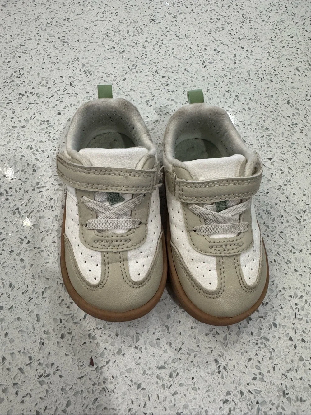 Carter's White and Tan Kids Sneakers with Green Pull Tab